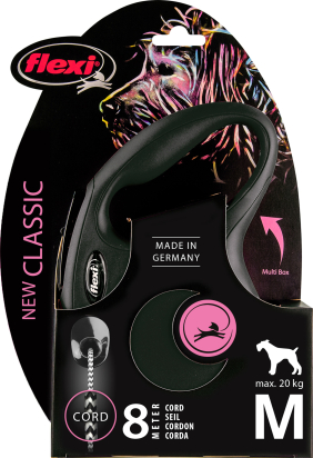 Flexi Laisse à enrouleur New Classic Corde Noir, Medium- 8 mètres