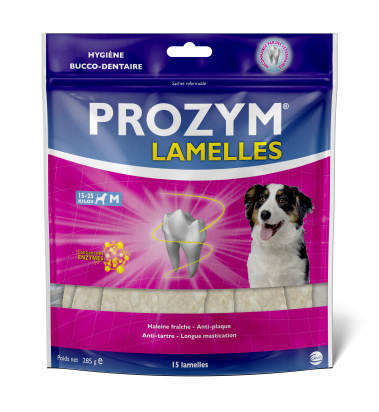 PROZYM Lamelles pour Chiens - Soin Dentaire à mâcher - N°1 chez Les vétérinaires - Haleine fraîche - Anti-tartre - Anti-Plaque - Gencives saines. Taille M pour chiens (15-25kg) - 5 lamelles