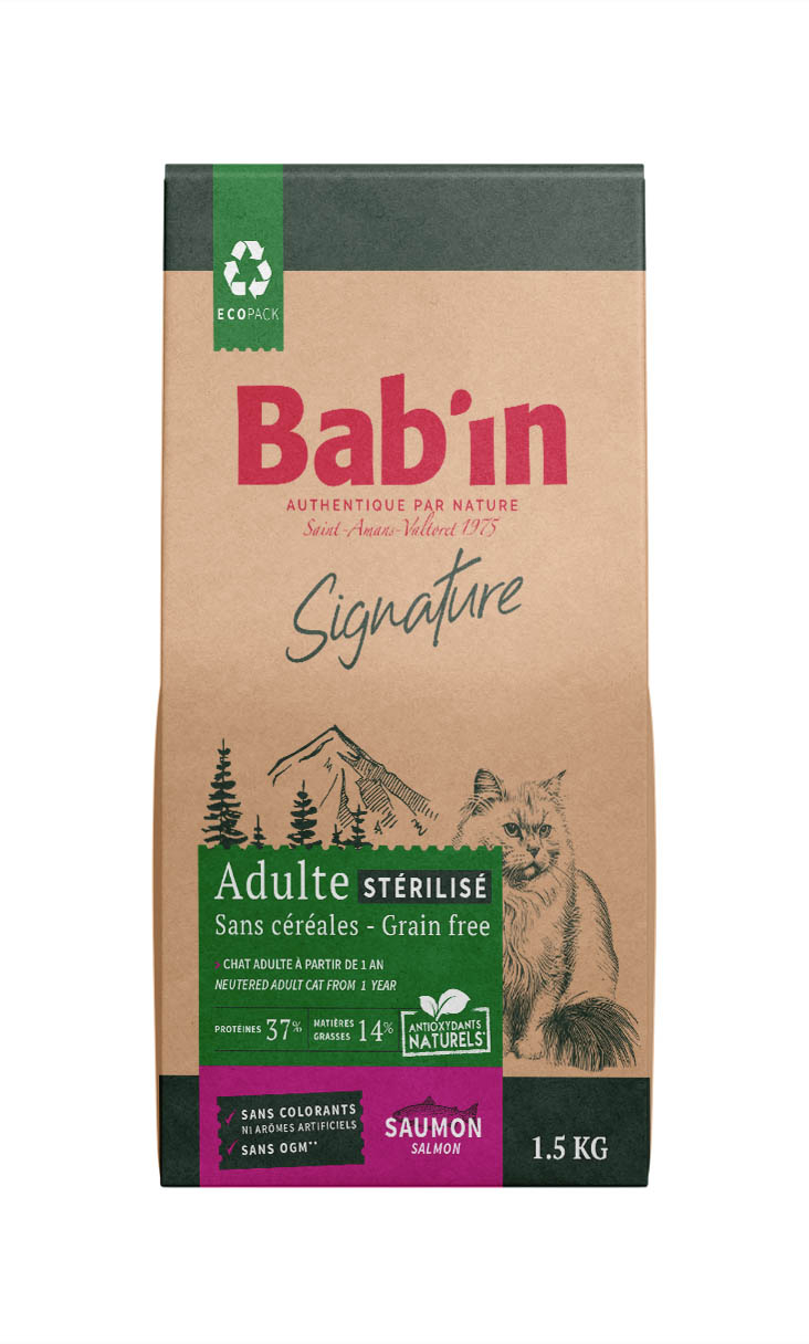BAB'IN SIGNATURE CHAT ADULTE STERILISE SANS CEREALES SAUMON & TRUITE 1.5 KG