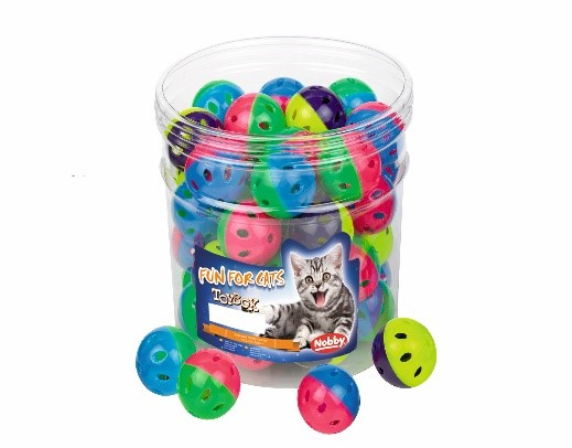 balle en plastique multicolore avec grelot.